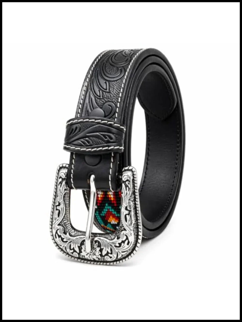 Hand Tooled Cowboy Belt with Changeable Buckle, Genuine Leather Western Belt